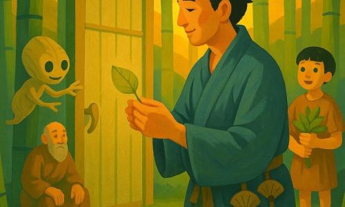 L'uomo principale, sulla trentina, volto dolce e sguardo calmo, con un kimono indaco e verde muschio, capelli neri raccolti in un basso chignon e due piccoli ventagli alla cintura, tiene tra le mani una piccola foglia pallida e si avvicina a una porta di canne di bambù; a sinistra della porta fluttua un kodama, piccolo e rugoso come una foglia secca, occhi rotondi e curiosi che tendono una mano verso la foglia; sullo sfondo a destra un ragazzo di circa otto anni con capelli corti e una tunica semplice osserva stupito tenendo un mazzo di foglie; più lontano un vecchio monaco dalla barba brizzolata, vestito di marrone terra, è seduto vicino a un piccolo fuoco e contempla tranquillamente la porta; il luogo è una radura coperta di muschio smeraldo circondata da alti steli di bambù, la porta di canne svetta senza muro e la luce dorata del crepuscolo filtra tra i bambù, atmosfera calma e magica con contrasti di bambù liscio, muschio morbido e tessuto stropicciato e colori naturali e caldi.