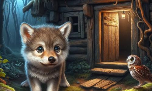 Un piccolo lupo di nome Lupoletto, con un pelo morbido e grigio, occhi brillanti e curiosi, si trova davanti a una vecchia casa abbandonata. Ha un aspetto sia spaventato che determinato, pronto a entrare nell'ignoto. Accanto a lui, un vecchio gufo saggio, con piume marroni e grandi occhi rotondi, fluttua nell'aria, osservando Lupoletto con uno sguardo incoraggiante. Sembra calmo e sereno, pronto a guidare il giovane lupo in questa avventura misteriosa. La scena si svolge davanti a una casa di legno decrepita, coperta di edera e circondata da alberi scuri, con una porta di legno che scricchiola, leggermente aperta, lasciando intravedere una luce soffusa all'interno. Spinto dalla sua curiosità, Lupoletto si prepara a varcare la soglia della casa, mentre il gufo lo incoraggia ad affrontare le sue paure, creando un'atmosfera sia misteriosa che magica.