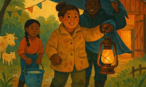 An adult woman, Marta, round warm face, brown hair in a bun, relieved and determined expression, mud-stained canvas jacket and boots, holding a lantern and walking ahead toward a small farm; behind her to the right is Tomas, a tall stocky man with short rain-wet hair, smiling reassuringly and holding a tarp, and to Marta’s left follows Lila, a courageous fifteen-year-old girl with braided hair and gloves carrying a bucket of water; the scene is at the muddy edge of a small farm after a storm—glossy mud, droplets on grass, a red wooden barn with slightly open doors casting warm yellow light, boots and tools laid out, windswept trees and torn wet bunting—mood of solidarity and relief; palette of warm light yellows and oranges, deep greens, browns and ochres with blue-gray sky; acrylic painting style with visible brushstrokes, thick textures, soft outlines, composition centered on the figures approaching the barn.