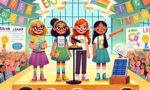 Vier meisjes van 10 jaar staan samen op een schoolpodium. Luna, met bruin haar en een bril, houdt een prototype van een zonnepaneel vast, stralend van trots. Noor, met blond, krullend haar, glimlacht en maakt een bemoedigend gebaar naar het publiek. Emma, met rood haar en een vlecht, houdt een kleurrijke poster over gendergelijkheid vast, terwijl Liv, met zwart, steil haar, naar de lucht wijst, vol enthousiasme. De scène speelt zich af in een grote gymzaal, versierd met kleurrijke ballonnen en spandoeken met inspirerende boodschappen over gelijkheid. Leerlingen die op banken zitten, applaudisseren en luisteren aandachtig. De meisjes presenteren hun project over gendergelijkheid en hun uitvinding, een lamp die op zonne-energie werkt, waarmee ze laten zien dat meisjes grote uitvinders kunnen zijn. De sfeer is vol energie en opwinding, wat de kracht van vriendschap en het geloof in jezelf illustreert.