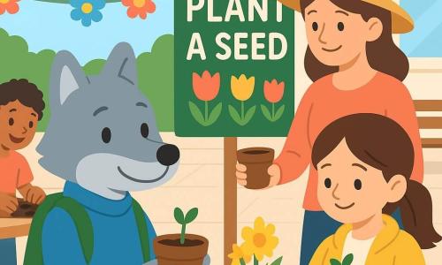Milo, a small anthropomorphic wolf child with light gray fur and big round ears, wears a blue sweater and green backpack and holds a dark clay cup with a seed, smiling gently at it; to his right stands Lila, a shy young girl gaining confidence with brown ponytail and yellow jacket, clutching her clay cup and smiling shyly; behind the 