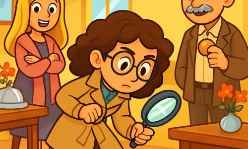 O detectivă, Mălina, de aproximativ 30 de ani, cu părul brun și buclat și ochelari rotunzi, stă în centrul scenei, având un aer hotărât și curios. Poartă un trench bej și ține o lupă într-o mână, examinând cu atenție un mic obiect strălucitor de pe podea. La dreapta ei, un bărbat în vârstă, domnul Tiberiu, cu părul gri și o mustață subțire, o observă pe detectivă cu un zâmbet prietenos, ținând un biscuit în cealaltă mână. La stânga, o femeie veselă, Anca, de aproximativ 25 de ani, cu un șal lung roz și părul blond, o privește pe Mălina cu admirație, cu brațele încrucișate. Scena se desfășoară într-o sală de recepție a unui hotel, cu pereți galbeni strălucitori, mese elegante din lemn și o fereastră mare care lasă să intre lumina soarelui. Mălina, concentrată, descoperă un indiciu misterios pe podea, în timp ce celelalte personaje o observă cu interes, creând o atmosferă de suspans și excitație.