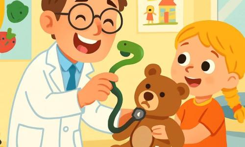 Um médico homem, o doutor Lucas, sorridente e bondoso, usa um jaleco branco brilhante. Ele tem cabelos castanhos bagunçados e óculos redondos que escorregam pelo nariz. Ele está brincando com um estetoscópio em forma de cobra, rindo alegremente. Ao seu lado, uma menina de 6 anos, Tomás, com cabelos loiros e tranças, segura um urso de pelúcia chamado Bento, que tem um pequeno curativo na pata. Ela olha para o doutor com olhos brilhantes de curiosidade. A cena acontece em um consultório médico iluminado, decorado com desenhos de crianças nas paredes e brinquedos coloridos espalhados pelo chão. Cartazes de frutas e legumes sorridentes adornam as paredes, criando uma atmosfera calorosa e acolhedora. O doutor Lucas está examinando o urso de pelúcia, enquanto explica a Tomás como cuidar dele. A atmosfera é alegre e lúdica, cheia de risos e ternura.