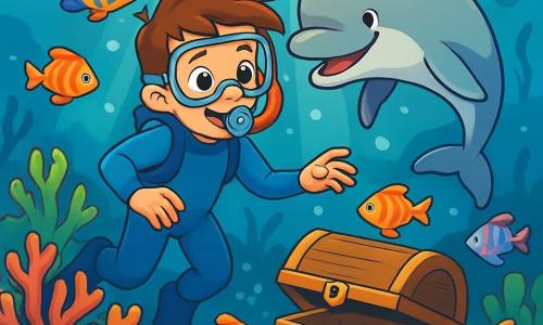 A 10-year-old boy named Oliver, with chestnut hair and sparkling curious eyes, joyfully floats in crystal-clear water, his face beaming with excitement and wonder. He wears a diving mask and snorkel, along with a blue wetsuit that contrasts with the vibrant colors of the fish around him. Nearby, a friendly dolphin with shimmering gray skin swims alongside him, seemingly playing with Oliver and encouraging him to explore. The setting is a beautiful coral reef, filled with colorful flower-shaped corals, brightly colored tropical fish, and rays of sunlight filtering through the water's surface, creating a magical atmosphere. The scene captures the moment Oliver discovers an underwater treasure, an ancient chest partially buried in the sand, surrounded by curious fish approaching to see what he has found.