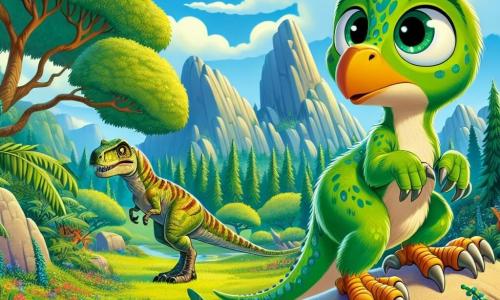 Ein Velociraptor namens Rappy, mit leuchtend grünem Gefieder und neugierigen, funkelnden Augen, steht auf einem Felsen und schaut mit einem Ausdruck von Besorgnis und Entschlossenheit. Er hat scharfe Klauen und einen langen Schwanz, der ihm hilft, das Gleichgewicht zu halten. In der Nähe beobachtet seine Mama, ein Velociraptor mit goldbraunem Gefieder, ihn schützend und bereit, ihn in Sicherheit zu führen. Die Kulisse ist ein schöner prähistorischer Tal, gefüllt mit großen Bäumen mit üppigem Laub, bunten Blumen und majestätischen Bergen im Hintergrund unter einem klaren blauen Himmel. Die Hauptsituation zeigt Rappy und seine Mama, die sich hinter einem großen Felsen verstecken und einen imposanten Tyrannosaurus Rex beobachten, der in der Ferne nach Nahrung sucht und eine Atmosphäre von Spannung und Abenteuer schafft.