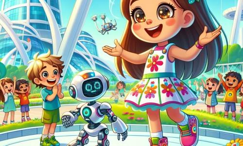 O fetiță de 8 ani, Sofia, cu părul lung și brunet și ochi strălucitori de curiozitate, dansează vesel cu robotul ei într-un parc futurist. Poartă o rochie colorată cu motive florale și adidași luminoși. Lângă ea, un băiat pe nume Andrei, de 9 ani, cu părul blond și un zâmbet strălucitor, aplaudă entuziast, ținând în mâini un mic robot. Parcul este plin de plante verzi, flori colorate care par să danseze pe ritmul muzicii și roboți care îngrijesc grădinile. Structuri futuriste din sticlă și metal se ridică în jurul lor, iar drone zboară lin pe cerul albastru. Sofia și Andrei sunt înconjurați de alți copii care se distrează, toți uimiți de magia tehnologiei. Scena reprezintă un moment de bucurie și prietenie, în care Sofia își arată cu mândrie robotul dansator, în timp ce râsetele copiilor răsună în aer.