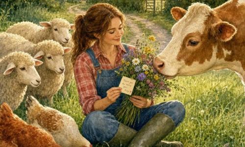 Main character: a smiling, serene female farmer in her thirties, chestnut hair in a ponytail, wearing a red plaid shirt, denim overalls and rubber boots, seated on the grass holding a small colorful wildflower bouquet and a visible note between her fingers; secondary: Daisy the cow, a large cream-and-brown spotted cow with a wet muzzle, leaning toward her as if sniffing the flowers to her right; secondary: a group of three female sheep with soft curly wool behind her, curious and calm; secondary: two hens with red-and-white plumage pecking near a bucket of feed to her left; setting: dewy morning green meadow with tall grass, thick hedges and a dirt path leading to a white-painted wooden farmhouse in the background under a pastel orange sunrise sky; scene: an intimate, luminous moment of the farmer discovering/presenting a bouquet, surrounded by attentive animals, in soft watercolor colors with visible brush textures.