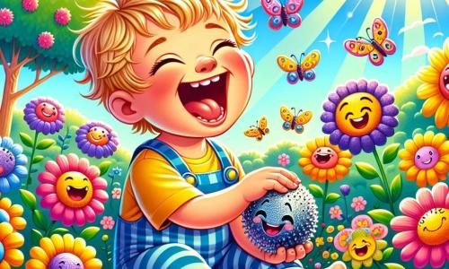 A one-year-old boy with messy blonde hair and sparkling curious eyes sits in a sunny garden. He wears a striped blue overalls and a yellow t-shirt, laughing as he holds a shiny, bumpy stone in his small hands. Beside him, a cluster of colorful flowers with smiling faces bursts into laughter, their petals dancing joyfully in the wind. Further away, butterflies with multicolored wings and funny hats flutter around him, adding a touch of magic to the scene. The garden is filled with bright flowers, lush trees, and a light blue sky dotted with laughing pink clouds. In this scene, the boy discovers the power of the giggle stone, causing laughter to spread throughout the garden as flowers and butterflies join him in a joyful dance.