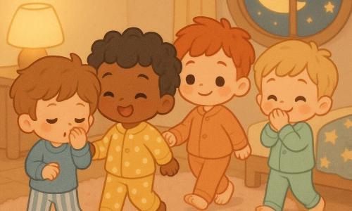 Four toddlers: Ben (almost 2, light chestnut hair, blue-and-white striped pajama pants) whispers while looking at his pocket at left front; Milo (almost 2, round, curly black hair, yellow polka-dot pajamas) taps his toes as if they’re singing at center; Theo (almost 2, light blond, laughing eyes, mint-green pajamas) covers his mouth giggling at right near the bed; Jax (almost 2, red hair, freckles, soft orange pajamas) nods and leads a quiet little parade just behind Milo, in a cozy, dimly lit bedroom with a round lamp, pale pink rug, low bed with a star blanket, a round window showing a smiling moon and stars, scattered stuffed animals, and a gentle, playful hush as they do a soft "swish" pajama parade before bedtime.