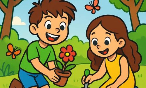 Un niño de 10 años, llamado Tomás, con cabello castaño desordenado y ojos brillantes de alegría, está plantando flores coloridas en un jardín soleado. Lleva una camiseta verde brillante y un short azul, y su rostro irradia emoción y determinación. Junto a él, su mejor amiga Ana, una niña de 9 años con cabello largo y rizado, lleva un vestido amarillo y sonríe mientras sostiene una pequeña pala. Ella está cavando un agujero para una planta, llena de entusiasmo. El jardín está lleno de vegetación exuberante, con árboles majestuosos y mariposas coloridas que vuelan alrededor. Al fondo, se puede ver un cielo azul claro con nubes blancas esponjosas. La escena muestra a Tomás y Ana trabajando juntos, rodeados de la belleza de la naturaleza, ilustrando su misión de proteger el medio ambiente y hacer florecer el jardín.