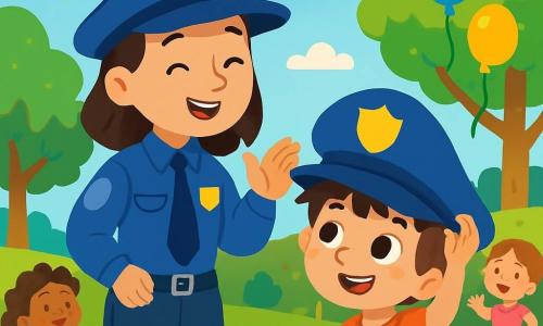 Una poliziotta sorridente, Carla, è in piedi in un parco soleggiato, indossando una divisa blu impeccabile e un grande cappello blu. Il suo viso irradia gioia e orgoglio mentre spiega il suo lavoro ai bambini. Accanto a lei, un ragazzo di 7 anni di nome Luca, con grandi occhi curiosi e capelli castani disordinati, sorride meravigliato mentre prova il cappello di Carla. Il parco è pieno di verde, con alberi maestosi, fiori colorati e palloncini che fluttuano nell'aria. La scena mostra Carla che racconta una storia affascinante a Luca, che la ascolta attentamente, circondato da altri bambini felici che giocano intorno a loro.