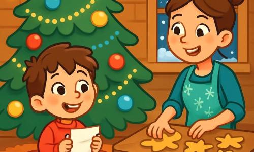 Ein kleiner Junge von 6 Jahren, Benjamin, mit zerzausten braunen Haaren und roten Wangen, schaut mit neugierigen, funkelnden Augen einen großen Weihnachtsbaum an, der mit glitzernden Girlanden und bunten Kugeln geschmückt ist. Er trägt einen roten Pullover mit einem fröhlichen Rentier und gestreifte Socken. Neben ihm lächelt seine Mama, eine etwa 30-jährige Frau mit langen, zu einem Dutt gebundenen braunen Haaren, während sie Weihnachtsplätzchen auf einem Holztisch zubereitet. Sie trägt eine Schürze mit Schneeflockenmuster. Ihr Wohnzimmer ist gemütlich, mit Holzwänden, einem flauschigen Teppich und blinkenden Lichtern, die den Raum erhellen. Durch das Fenster sieht man, wie sanft Schneeflocken auf den Boden fallen. Benjamin hält ein kleines Stück Papier in seinen Händen, mit bewunderndem Blick, bereit, das magische Abenteuer von Weihnachten zu entdecken, das auf ihn wartet.