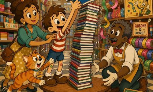 A focused, enthusiastic 6-year-old boy with a round face, tousled brown hair and bright eyes, knees smudged with color, holds a blue notebook and stretches to place the last cover on a notebook tower nearly as tall as he is; his mother, about 30–35 with chestnut hair in a bun and a warm smile, stands close behind with a hand on his shoulder, proud; a store employee, a woman around 40 with short gray hair and a mustard apron, crouches at the base ready to catch it if it tips; a mischievous orange tabby cat named Mr. Whiskers leaps onto the table beside the tower, tail up and paw raised; the scene takes place in a large craft store with wide aisles, high shelves of colorful paper, garlands of bright ribbon, vintage posters and a checkered tile floor, while the slightly wobbling tower, floating ribbons, soft light and saturated colors create a dynamic composition of joyful tension.