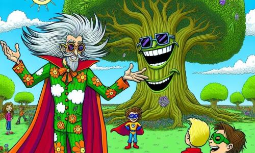 Don Raro es un hombre de aspecto original, con un traje colorido de motivos de nubes y hojas, una gran sonrisa que expresa alegría y entusiasmo. Se encuentra frente a un árbol gigante con ramas danzantes, mientras cuenta un chiste, con los brazos abiertos y los ojos brillantes de picardía. A su lado, un superhéroe que puede volar, un niño de unos 10 años con una capa roja y gafas de sol, observa con una sonrisa divertida, con los brazos cruzados. Otro superhéroe, un niño de unos 12 años capaz de lanzar rayos, se queda un poco atrás, riendo a carcajadas, con el cabello despeinado flotando al viento. La escena tiene lugar en un parque soleado, con árboles verdes, flores coloridas y un cielo azul salpicado de nubes blancas. Al fondo, niños juegan y ríen, añadiendo una atmósfera alegre a la ilustración. La situación principal muestra a Don Raro haciendo reír a un árbol al contar un chiste, provocando un movimiento alegre de las ramas, mientras los otros superhéroes lo animan y ríen de corazón.