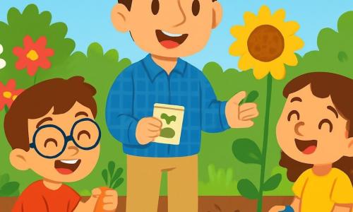 Un maestro sonriente, llamado Javier, está en el centro del jardín de la escuela, rodeado de flores coloridas y verduras verdes. Tiene el cabello castaño y corto, lleva una camisa de cuadros azules y un pantalón beige, y sus ojos brillan de alegría mientras les muestra a los niños cómo plantar semillas. A su derecha, Carla, una niña de 8 años con cabello rizado y un vestido amarillo, observa con asombro un girasol que acaba de plantar. Sostiene una pequeña pala de plástico y tiene una gran sonrisa en el rostro. A su izquierda, Martín, un niño de 7 años con gafas redondas y una camiseta roja, está agachado, sosteniendo una zanahoria recién cosechada, con los ojos brillantes de emoción. El jardín está lleno de tierra marrón, filas de plantas verdes, flores brillantes y un cielo azul claro, creando una atmósfera alegre y acogedora. La escena muestra a Javier enseñando a los niños cómo cuidar de sus plantas, con herramientas de jardinería coloridas esparcidas a su alrededor, mientras los niños ríen y se divierten, llenos de entusiasmo por su proyecto de jardín.