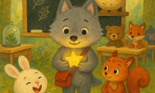 Un pequeño lobo infantil llamado Lucas, de pelaje gris, ojos brillantes y mejillas sonrosadas, está en el centro sosteniendo una estrella dorada brillante y una pequeña bolsa roja; la maestra es una lechuza sabia, posada en una pizarra de madera, y la ardilla Sofía, pelaje rojizo y mirada curiosa, mira la estrella con admiración; un conejito blanco llamado Max, risueño, aplaude sentado en un banco junto a otros animalitos; la clase es un claro convertido en aula con pupitres de madera, pizarra con dibujos de hojas, un terrario, guirnaldas de papel, rayos de sol sobre el suelo de musgo; todos aplauden a Lucas en el concurso de bondad, con ambiente alegre, colores cálidos y texturas de gouache, trazos suaves y formas redondeadas.
