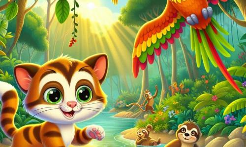 Un gato llamado Filiberto, con grandes ojos brillantes y pelaje rayado naranja y blanco, está sobre un tronco de árbol, con las orejas en alto y una sonrisa curiosa, listo para la aventura. A su lado, un loro colorido llamado Ramón, con plumas verdes, rojas y amarillas, vuela alegremente, cantando una melodía pegajosa. Más abajo, un perezoso llamado Tito, con pelaje marrón y ojos dulces, se cuelga de una rama, observando la escena con una expresión divertida. Al fondo, una jungla exuberante se extiende, llena de flores gigantes de colores vivos y lianas colgantes, iluminada por la luz dorada del sol que filtra a través del follaje. La escena principal muestra a Filiberto y sus amigos preparándose para cruzar un arroyo, con cocodrilos sonrientes que bailan al ritmo de la canción de Ramón, creando una atmósfera alegre y llena de vida.