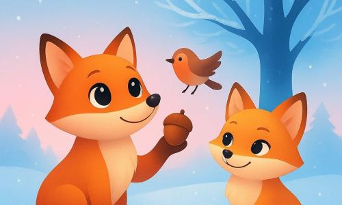 Ein kleiner roter Fuchs namens Fino mit glänzenden, neugierigen Augen steht auf einem glitzernden Schneeteppich und hebt seine Schnauze zu einem kleinen Vogel. Der Fuchs wirkt fasziniert und aufmerksam. Neben ihm sitzt seine Schwester Leni, eine verspielte Füchsin mit etwas hellerer Fellfarbe, im Schnee und hat ein schelmisches Lächeln im Gesicht. Sie schaut Fino verschwörerisch an. Im Hintergrund erhebt sich eine große, dunkle und majestätische Tanne, deren Äste mit funkelndem Reif bedeckt sind. Der Himmel ist blassblau mit einem rosafarbenen Schimmer am Horizont, der einen ruhigen und magischen Wintermorgen evoziert. Die Szene fängt den Moment ein, in dem Fino dem kleinen Vogel eine Nuss anbietet, eine Geste der Freundlichkeit in einer bezaubernden Winterlandschaft.