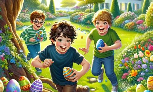 In un giardino soleggiato, tre bambini sono intenti a cercare le uova di Pasqua. Marco, un ragazzo di 12 anni con capelli castani disordinati e una maglietta blu, è accovacciato vicino a un grande albero, con gli occhi brillanti di gioia mentre scopre un uovo di cioccolato nascosto tra le radici. Alla sua destra, Luca, un ragazzo di 11 anni con capelli biondi e occhiali rotondi, lo osserva con un sorriso meravigliato, tenendo in mano un uovo decorato di blu. A sinistra, Gabriele, un ragazzo di 12 anni con capelli castani e una maglietta verde, indica un uovo scintillante nascosto dietro un cespuglio fiorito. Il giardino è pieno di fiori colorati, grandi alberi verdi e un prato ben curato, creando un'atmosfera gioiosa e festiva. Le uova di Pasqua multicolori sono sparse ovunque, aggiungendo un tocco magico a questa scena. I bambini corrono e ridono, cercando con entusiasmo le uova nascoste, mentre un piccolo coniglio bianco li osserva discretamente da un angolo del giardino, aggiungendo un tocco di mistero a questa bella giornata di Pasqua.