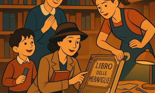 Giulia, detective, volto dolce e concentrato, sorride leggermente e tiene un piccolo taccuino rosso contro il petto mentre, inginocchiata davanti a una pila di libri, indica un grande libro antico; Carla, bibliotecaria intorno ai 50 anni con capelli grigi raccolti in uno chignon, è dietro di lei con espressione sollevata e felice, mani sul cuore vicino a uno scaffale; Emma, volontaria circa 30 anni con coda di cavallo castana, tiene un rotolo di nastro adesivo, divertita e imbarazzata vicino a un tavolo di restauro a destra; il bambino Tommaso, circa 8 anni, piccolo e raggiante, tiene un segnalibro blu e sta a sinistra vicino alla porta, ammirato verso il libro; luogo: piccolo magazzino della biblioteca con luce calda di una lampada da scrivania, scaffali in legno chiaro, scatole di cartone aperte, copertine di tessuto, fogli e strumenti di rilegatura sparsi su pavimento piastrellato chiaro; situazione principale: gioiosa scoperta del grande "Libro delle Meraviglie" dalla copertina leggermente strappata posto su una pila, atmosfera calda, dettagli grafici netti, palette calda (ocra, blu profondo, rosso mattone) e linee geometriche in stile art déco.