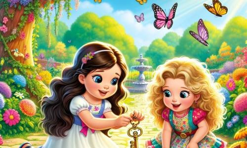 In un giardino soleggiato, Mia, una ragazza di 8 anni con lunghi capelli castani e un grande sorriso, è accovacciata, tenendo una piccola chiave d'oro brillante tra le mani. Accanto a lei, Lella, una ragazza di 7 anni con capelli biondi ricci e un vestito colorato decorato con fiori, guarda con meraviglia la chiave. Sono circondate da fiori multicolori e farfalle che volano attorno a loro. Il giardino è pieno di verde, con un grande albero maestoso sullo sfondo, le cui fronde si estendono ampiamente, offrendo ombra. In lontananza si vede una piccola fontana di pietra, dove l'acqua scintilla sotto il sole. Mia e Lella, piccole detective, hanno appena scoperto la chiave d'oro e sono pronte a risolvere il mistero di cosa potrebbe aprire, i loro volti illuminati dall'eccitazione dell'avventura.