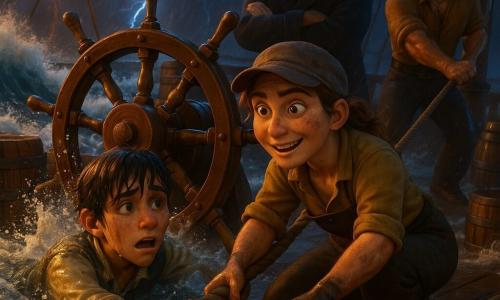 Una mujer (Lúa), ~32 años, rostro redondo, ojos vivos, gorra gastada, pelo revuelto y manos manchadas de grasa, agachada junto al timón de madera, sostiene una llave inglesa brillante y tira de una cuerda húmeda para estabilizarlo; un chico (Martín), ~16 años, cabello oscuro pegado por el agua, con ropa empapada y barro, medio sacado del agua por Lúa y con mirada asustada pero aliviada; un hombre (Capitán Barro), ~50 años, barba gruesa y gris, rostro curtido por el mar, está en el puente con los brazos cruzados observando con preocupación y respeto; otro marinero (Sandoval), ~40 años, corpulento, mantiene una cuerda tensa desde la popa para ayudar; puente de madera cubierto de espuma, cordajes gruesos, barriles y cajas flotando, mástiles que atraviesan un cielo tormentoso con relámpagos azul-naranja y olas furiosas; escena de tormenta dramática: el timón roto, Lúa improvisa un refuerzo mientras salva a Martín y la tripulación forma una cadena humana; ambiente tenso y heroico, contrastes de azul profundo, madera cálida y destellos amarillos.