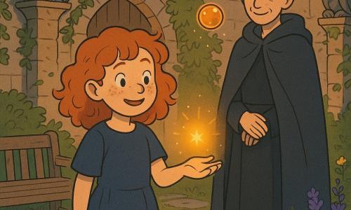 Lila, een jonge leerlingeheks met rood krullend haar en sproetjes, glimlacht verlegen terwijl ze een kleine gouden, halfdoorzichtige amberen bol met vonkjes in haar zachte palm houdt; achter haar staat Elara, een beschermende vrouw met een donkere lange mantel en grijzend haar in een knot, trots toekijkend bij een kloostertuin bij schemering met klimopbeklede stenen muren, stenen waterspuwers, mosachtige bestrating en wilde bloemen, de scène is zacht en magisch met warme avondlichtsfeer.