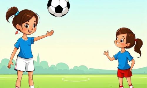 Mia, a focused, proud girl with a ponytail and rosy cheeks, stands center holding the ball above her head ready for a throw-in, wearing a bright blue jersey, white shorts, striped socks and red grass-stained cleats; Lila, about 9, stands a few meters ahead with eager eyes and ready hands; Coach Sam, a woman of about 35 in a green tracksuit with a whistle, applauds from the sideline; other 8–10-year-old teammates run and stretch in the background with enthusiastic expressions; the scene shows a textured green field with crisp white markings, white goals, colorful benches and a light blue sky with a few soft clouds; a row of colorful water bottles (purple, blue, red, green) lines the grass in the foreground; the ball arcs through the air like a small rainbow with golden sunlight highlighting its contours; graphic style: clear lines, saturated colors, exaggerated joyful expressions and a composition readable for a 6-year-old.