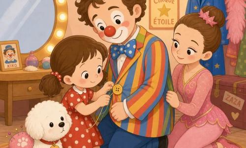 Een blije geconcentreerde 4-jarige meisjes met bruine staartjes en een rode jurk met witte stippen knielt en naait een grote gele knoop op de jas van een clown; de volwassen clown Kiko met zachte schmink en rood bolle neus in een gestreepte jas houdt de jas stil en glimlacht verlegen; acrobate Zaza (20–25) in een roze glinsterend kostuum knielt achter de jas en houdt de stof vast; het kleine witte hondje Pompom met ronde snuit en een roze speldenkussentje op de rug zit bij de voeten van het meisje en kijkt naar de knoopsgat; op de achtergrond een warme kleurrijke circustentje met ronde spiegel met gele lampjes, rood-blauwe slingers, mand met splintern draad en een hanglamp; sfeer rustig en innig, zacht licht, simpele vormen, felle kleuren en afgeronde contouren.
