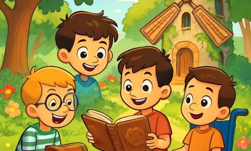 Há 4 crianças: - Tomás: um menino de 10 anos, com cabelos castanhos bagunçados e olhos curiosos. Ele usa uma camiseta vermelha e um short azul, segurando um caderno antigo com um sorriso entusiasmado. - Lucas: um menino de 9 anos, com cabelos loiros e óculos redondos. Ele está agachado, rindo e segurando uma velha caixa de madeira que encontrou sob um espantalho, vestindo uma camiseta listrada e um short verde. - Rafael: um menino de 10 anos, com cabelos castanhos e um sorriso caloroso. Ele está sentado em sua cadeira de rodas azul, usando uma camiseta laranja e calças pretas, observando atentamente o caderno, pronto para ajudar os amigos a resolver os enigmas. - Miguel: um menino de 9 anos, com cabelos negros e olhos vivos. Ele usa uma camisa xadrez e um short bege, em pé ao lado de Tomás, olhando para o caderno com uma expressão de admiração. O cenário é uma clareira ensolarada, cercada por majestosas árvores de folhas verdes. No centro, um velho moinho de pedra, com paredes cobertas de hera e janelas de madeira desgastadas. Flores coloridas cercam o caminho até o moinho, e raios de sol filtram pelas ramas, criando uma atmosfera mágica. Os quatro amigos estão descobrindo um caderno misterioso, sentados em círculo na grama verde, cercados por flores vibrantes, todos animados e prontos para resolver enigmas e buscar um tesouro escondido.