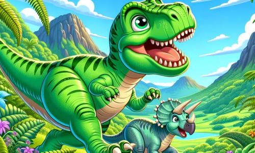 Młody Tyranozaur Rex o imieniu Tytus, z jaskrawozieloną skórą i błyszczącymi z ciekawości oczami, radośnie biega po zielonej Dolinie Dinozaurów. Jego duże, umięśnione łapy i potężny ogon energicznie się poruszają, a szeroki uśmiech rozświetla jego twarz. Obok niego jego najlepsza przyjaciółka, triceratops o imieniu Tosia, z trzema rogami na czole i szaro-skalistą skórą, skubie liście paproci, z ekscytacją spoglądając na Tytusa. W tle majestatyczne góry wznoszą się pod jasnoniebieskim niebem, usłanym białymi, puszystymi chmurami. Dolina jest wypełniona bujnymi paprociami i kolorowymi kwiatami, tworząc żywy i przyjazny krajobraz. Tytus i Tosia szykują się do wspólnego odkrywania, przyciągnięci tajemniczym dźwiękiem dochodzącym z krzaka, gotowi na nową, ekscytującą przygodę.