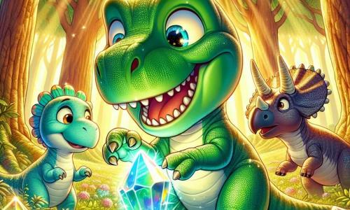 Ein Tyrannosaurus Rex namens Rexi, mit leuchtend grüner Haut und glänzenden Schuppen, steht im Mittelpunkt der Szene, seine Augen funkeln vor Aufregung und ein breites Lächeln ziert sein Gesicht. Er berührt einen wunderschönen, leuchtenden Kristall, der intensiv strahlt und farbige Reflexe um ihn herum projiziert. Neben ihm schaut ein Triceratops namens Trixi, mit pastellblauer Haut und drei Hörnern auf der Stirn, bewundernd zu Rexi, ihre großen runden Augen voller Neugier. Etwas im Hintergrund beobachtet ein Allosaurus namens Al, mit rötlicher Haut und einem etwas verwirrten Gesichtsausdruck, die Szene mit zusammengekniffenen Augenbrauen und fragt sich, was passiert. Die Szenerie spielt in einer verzauberten Lichtung im Herzen eines alten, majestätischen Waldes, wo große Bäume mit dicken Stämmen und üppigem Laub ein grünes Dach bilden, durch das goldene Sonnenstrahlen auf den mit bunten Blumen und glitzernden Steinen bedeckten Boden fallen. Rexi entdeckt den magischen Kristall, der strahlendes Licht ausstrahlt, während Trixi ihn ermutigt und Al, neugierig, beginnt zu realisieren, dass etwas Besonderes passiert.