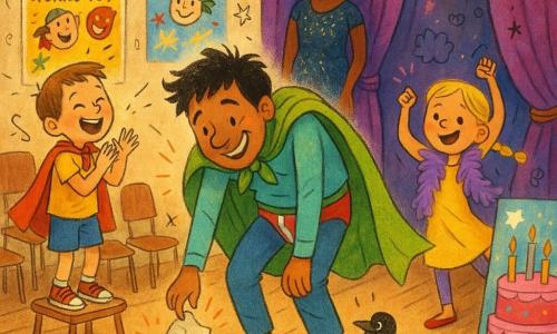 Een man, Super Sammie, glimlachend en een beetje verlegen, met een versleten groene cape en ondergoed zichtbaar over zijn broek, rommelig kapsel en lachende ogen, staat midden op het kleine buurttheater en pakt een verfrommeld papier (zijn plan) dat een kleine zwarte kauw vasthoudt op het podium. Een jongen van ca. 8 jaar, kort bruin haar en een mini-rode cape, lacht en klapt op een klein krukje linksvoor. Een meisje van ca. 7 jaar, blond haar in een vlecht, draagt een paarse boa en doet een superheldenpose rechts bij een geschilderde kartonnen taart. Een vrouw van ongeveer 30 jaar in een glinsterend kostuum, de presentatrice, glimlacht bemoedigend achteraan bij paarse fluwelen gordijnen. Klein buurttheater: versleten houten podium, paarse fluwelen gordijnen, kleurrijke posters "THEATERWORKSHOP" aan de muren, rijen stoelen en warme lichtslingers. Komische, warme scène met spelende kinderen, felle kleuren, duidelijk contrast, afgeronde lijnen en krijgtexturen voor een vrolijke, kinderlijke uitstraling.