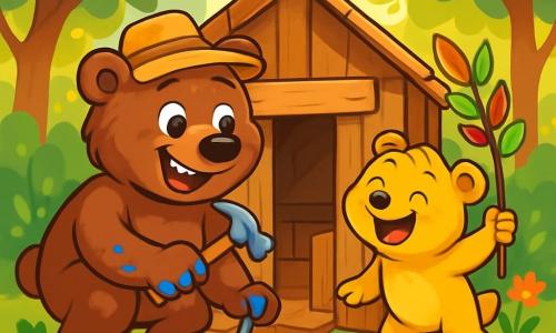 A cheerful brown bear named Benny is building a wooden clubhouse with a big smile, showcasing his determination and joy. He wears a small straw hat and has slightly blue-painted paws. Next to him, his younger brother Timmy, a smaller bear with golden fur and excited eyes, holds a branch decorated with colorful leaves as a flag, laughing heartily. Their clubhouse, made of uneven wooden planks, stands in a sunny forest surrounded by vibrant green trees with sunlight filtering through the leaves. Brightly colored wildflowers dot the ground, adding a touch of magic to the scene. The image depicts the two brothers working together amidst their joyful mess, with scattered tools and paint splatters, illustrating their enthusiasm and bond in creating their secret hideout.