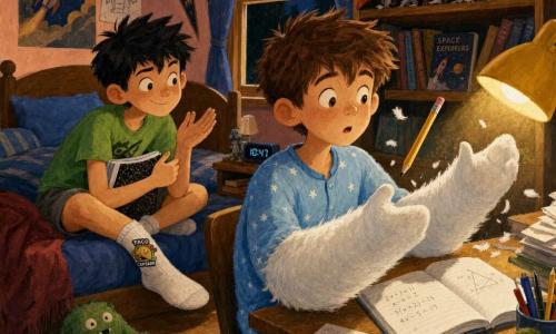 There are two characters: Ethan, 12, short messy brown hair, light blue starry pajamas, arms transformed into fluffy white cushion-like sleeves to the forearms, sitting at his desk on the right, surprised, holding a pencil that floats above his hand; Milo, 12, spiky black hair, bright green T-shirt and gray shorts, mischievous curious expression, sitting on the bed behind Ethan on the left, leaning toward him with a notebook, a "TACO CAPTAIN" sticker visible on his sock, silently applauding. Setting: warm children's bedroom with pale salmon walls, a spaceship poster, wooden bookshelf with books and a broken rocket model, yellow desk lamp lighting a pile of papers and a math notebook, light wood floor with a soft blue rug. Main scene: calm nighttime moment as Ethan discovers his cotton-like arms while trying to finish a math problem and Milo takes notes, small tufts of fluff drifting around the desk, soft humorous mood, muted lighting, thick gouache textures, warm contrasts and gentle shadows for a cozy, comic atmosphere.