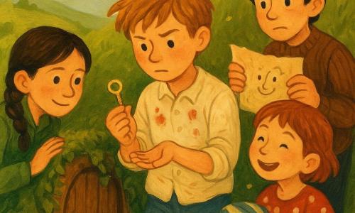 Four children: Pip, 9, honey-colored messy hair and jam stains on his shirt, holding a small shiny key in his palm in front of a tiny door, focused; Maia, 10, braided hair, muddy knees, green jacket, left of Pip with one hand on the wooden door; Lila, 8, short laughing hair, polka-dot dress, right of Pip smiling and fixing a striped hat; Jory, 11, wrinkled nose, cautious look, ribbed sweater, behind Pip holding a crumpled map with drawn-on eyes. They stand on a low grassy, stone-speckled hill before a tiny wooden door embedded in a root-covered bank, framed by beard-like ivy, a patinated brass knob and soft moss at the threshold, pale yellow firefly-like lights hovering. The four turn a wavy-toothed key in the lock under the hill; the mood is playful and gentle with a light breeze lifting hair, drifting leaf confetti, calm excitement, and a gouache palette of warm matte tones, soft greens and ochres, white highlights and visible brushstrokes for a childlike texture.