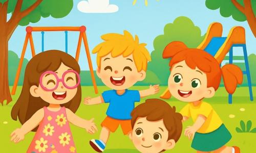 There are 4 children: Lily, a 5-year-old girl with long brown hair and pink glasses, wearing a flower dress and happily holding Max's hand; Jake, a 5-year-old boy with messy blond hair and a blue t-shirt, laughing and running around Max with open arms; Emma, a 5-year-old girl with red hair in pigtails, wearing a yellow t-shirt and a green skirt, approaching Max with a big smile; and Max, a 5-year-old boy with brown hair in a red sweater, sitting on the ground, a bit shy but smiling at his new friends. The children are in a sunny schoolyard, surrounded by tall trees with green leaves and colorful flowers, with swings and a slide in the background, and a blue sky with fluffy white clouds. The main scene shows the children playing together, with Max getting up to join Lily, Jake, and Emma, who encourage him with friendly gestures. They are laughing and having fun, creating a joyful and welcoming atmosphere that symbolizes friendship and kindness.
