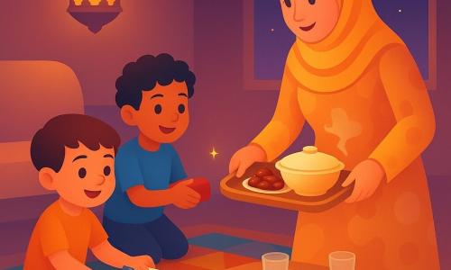 Three characters: Amir, a 6-year-old boy with short brown hair and curious eyes, sits cross-legged on a colorful geometric rug holding a large white sheet and a bright blue pencil while helping set napkins at the table; Sami, a 5-year-old boy with curly black hair and a mischievous smile, kneels beside a pile of shiny red blocks, handing one to Amir and gently pouring water into a small glass; their mother, in her thirties, wearing a yellow-orange scarf and a softly patterned dress, stands by the light wooden coffee table holding a tray of glossy dates and a steaming soup tureen, watching them kindly. They prepare the iftar table in a warm twilight living room with a hanging lantern-style lamp and a window showing a violet sky with a crescent moon and a star; a tiny star-like light above Amir’s drawing adds a gentle, shared, cozy atmosphere.