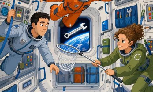 An adult man (Leon, ~35), focused and calm with short black hair in a blue-gray lightweight spacesuit, floats in microgravity holding a strap and watching a small silver tool drift; an adult woman (Keisha, ~40) with a determined smile and tied curly hair in an olive suit extends a pole with a soft net to catch a floating wrench to the right of the main character; an adult man (Oleg, ~30) with a short beard in an orange suit stands slightly back with arms out to prevent the tool entering an air vent; inside a compact module with light metal walls, colored instrument panels, handles, Velcro strips, pockets labeled TOOLS and a small porthole showing blue ocean, a shiny wrench floats center as the team calmly coordinates to retrieve it.
