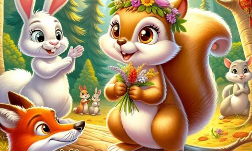 An illustration depicts a small light brown squirrel with a fluffy, expressive tail, radiating joy and curiosity. It is perched on a tree branch, eyes sparkling with excitement, holding a small crown of wildflowers as a gift. Nearby, a young white bunny with large ears and a radiant smile enthusiastically claps, its front paws raised. A young bright red fox stands beside her, arms crossed, displaying a look of wonder. The main setting is a sunny clearing in the heart of the forest, surrounded by majestic trees with golden leaves, where sunlight filters through the branches, creating bright patterns on the leaf-covered ground. Animals of all kinds gather around, creating a festive and warm atmosphere. The central scene shows the characters sharing stories and cultural traditions during the Great Forest Festival, celebrating diversity and friendship among different animal species. Additional graphic elements include flower garlands hanging from branches, colorful lanterns suspended, and animals of various sizes and colors, all united in a joyful ambiance filled with smiles and laughter.