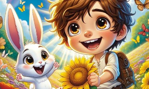 Um garoto de 6 anos chamado Lucas, com cabelos castanhos bagunçados e olhos brilhantes de curiosidade, está no centro da imagem, segurando uma flor dourada em suas pequenas mãos, com um grande sorriso iluminando seu rosto. Ao seu lado, um coelhinho branco travesso com grandes orelhas, com um olhar brincalhão, salta alegremente, pronto para acompanhá-lo na aventura. O cenário é um magnífico Vale das Borboletas Arco-Íris, cheio de flores coloridas e borboletas dançantes, criando uma atmosfera mágica. O céu é de um azul brilhante, salpicado de nuvens fofas, enquanto raios de sol iluminam a cena, fazendo a flor dourada que Lucas segura brilhar com orgulho. A situação principal mostra Lucas e seu amigo coelhinho celebrando sua vitória após encontrar a Flor do Sol, cercados por borboletas coloridas que voam ao redor deles, acrescentando um toque de magia a este momento de alegria e realização.
