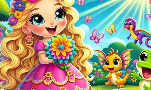 Uma princesa alegre, com longos cabelos dourados brilhantes como raios de sol, usa um vestido rosa vibrante adornado com flores coloridas. Ela sorri com olhos brilhantes de excitação, segurando uma grande flor colorida nas mãos. Ao seu lado, um pequeno dragão chamado Pipo, do tamanho de um gato, tem escamas multicoloridas e asas delicadas, batendo as asas com entusiasmo. Um sapo engraçado, chamado Sapinho, com pele verde brilhante e olhos redondos, salta alegremente ao redor deles, rindo alto. Eles estão em um jardim mágico, cheio de flores coloridas, borboletas dançantes e árvores majestosas com folhas douradas. O sol brilha em um céu azul claro, criando uma atmosfera alegre e luminosa. A princesa Lili, Pipo e Sapinho estão procurando a Flor da Alegria, que está escondida atrás de uma grande árvore, rindo e brincando de esconde-esconde. A atmosfera é repleta de risos e felicidade, com flores que parecem dançar ao redor deles.