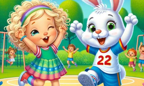 A 2-year-old girl with curly blonde hair is wearing a colorful dress and sneakers. She is joyfully smiling, raising her arms in the air after scoring a goal in handball. Next to her, an anthropomorphic rabbit with white fur and big ears is wearing a small sports jersey. It jumps for joy, with its paws raised, cheering her on. The scene is set in a sunny park with green grass, colorful flowers, and a blue sky dotted with white clouds. In the background, majestic trees and children playing on swings can be seen. The main situation shows the little girl celebrating her victory after scoring a goal in a handball match, surrounded by her friends who are clapping and having fun.
