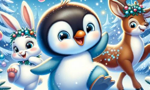 Un piccolo pinguino di nome Pingo, con un piumaggio blu chiaro e una pancia bianca, sorride felice mentre gioca nella neve scintillante. I suoi grandi occhi rotondi brillano di eccitazione mentre danza con i suoi amici. Accanto a lui, un adorabile coniglio di nome Bino, con un pelo bianco e orecchie lunghe e morbide, salta con entusiasmo, il suo viso radioso di felicità. Un po' più lontano, una renna di nome Lila, con un pelo marrone e corna decorate con ghirlande luminose, li osserva sorridendo, i suoi occhi brillanti di gioia. La scena si svolge in una foresta incantata, dove gli alberi sono coperti di neve brillante e decorati con palline colorate e luci scintillanti. Pingo, Bino e Lila danzano insieme nella neve, ridendo e cantando canzoni di Natale, creando un'atmosfera magica e festosa piena di gioia e amicizia.