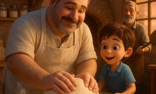 Un panettiere di circa 40 anni, robusto, capelli sale e pepe, viso sorridente e occhi dolci, con un grembiule di lino bianco infarinato, impasta lentamente una grande palla di pasta con concentrazione affettuosa; un bambino di 7 anni, Nino, capelli castani scompigliati e sorriso meravigliato, con un piccolo grembiule blu sta in punta di piedi accanto al banco, mani leggermente infarinate; sullo sfondo un vicino e proprietario del forno di circa 65 anni, barba grigia corta, tiene la pala di legno vicino al forno aperto e osserva orgoglioso; l’interno della panetteria è caldo e luminoso: muri di mattoni chiari, grande tavolo di legno consumato, sacchi di farina con scritte a mano, scaffali in legno con vasetti di vetro etichettati, un grande forno in ghisa con bagliore arancione e finestre su un cielo serale color albicocca; la scena principale mostra la pasta che lievita, farina che fluttua nell’aria e una piccola pentola sul fuoco che sprigiona vapore profumato; un'etichetta di vetro sul bancone recita Profumo di casa; stile visivo: colori caldi, texture tangibili, espressioni esplicite e gesti dolci, illuminazione crepuscolare accogliente.