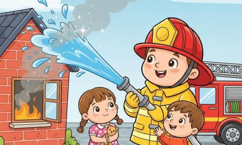 Un bombero sonriente y valiente, piel clara, ojos marrones, casco rojo y chaqueta amarilla con bandas reflectantes, sostiene una manguera que lanza un chorro azul; a su derecha, un niño de 5 años con cabello corto castaño y ropa colorida aplaude maravillado; a la izquierda, algo más atrás, una niña de 4 años con dos coletas y vestido rosa con lunares sostiene un peluche y mira el fuego apagado; al fondo, una pequeña casa de ladrillo rojo con ventana abierta y techo gris, cielo azul con algunas nubes, y delante un camión de bomberos rojo estacionado en una calle empedrada; escena alegre y tranquilizadora, colores vivos y contornos suaves, agua formando gotas y salpicaduras y humo gris disipándose.