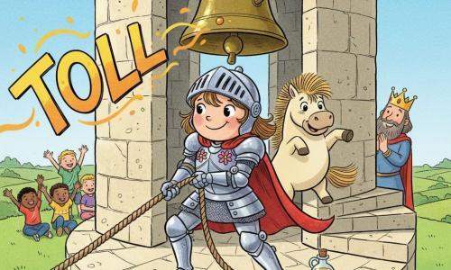 A smiling, determined young female knight with a shiny silver helmet and red flowing cape pulls a thick sisal rope attached to a large bronze bell; she has big round eyes, rosy cheeks, light armor decorated with flowers, and pulls calmly with effort; a small chubby pony named Clip-Clop with a bristly mane stands just behind, playful and lifting a hoof; the king, about 50, in a blue tunic and simple crown, applauds joyfully at background right while several children (boys and girls, 4–6) sit on green grass at background left with raised hands and smiles; scene on the top of a tall light-stone bell tower with spiral steps, worn flagstone floor and large openings showing green fields and blue sky; the rope operates a large bronze clapper, a small wedge is slipped beside it and a vial of oil sits on a step, the knight has just pulled—cape and pony mane show movement and stylized visual onomatopoeia TOLL emanates from the bell; style: colored ink, soft lines, bright contrasting colors and simple textures suitable for toddlers.