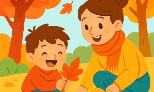 Un niño de 2 años, Lucas, con cabello castaño desordenado y una gran sonrisa, está agachado en un parque de otoño. Lleva un suéter rojo brillante y pantalones azules, y sus ojos brillan de alegría mientras sostiene una hoja roja grande en sus manos. A su lado, su mamá, una mujer de unos 30 años con cabello castaño recogido en un moño, sonríe tiernamente al mirar a su hijo. Ella lleva una bufanda suave y colorida, y se agacha para ayudarlo a recoger más hojas. El parque está lleno de árboles con hojas de colores vibrantes, y el suelo está cubierto de hojas secas, mientras una suave brisa hace danzar las hojas en el aire. La escena principal muestra a Lucas y su mamá jugando juntos, recogiendo hojas coloridas y riendo, disfrutando de la belleza del otoño.