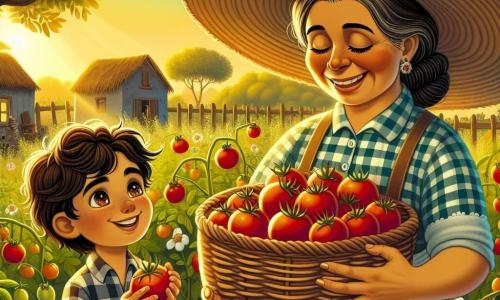 Doña Clara, una mujer de mediana edad con cabello castaño recogido, lleva un amplio sombrero de paja y una camisa de cuadros colorida. Sonríe alegremente, con las manos llenas de tomates rojos brillantes que acaba de cosechar en su jardín. A su lado, Miguel, un niño curioso de unos 8 años, con ojos brillantes y cabello despeinado, observa maravillado los tomates, listo para ponerlos en una gran canasta de mimbre. La escena transcurre en un campo verde, bañado por la luz dorada del sol, donde se pueden ver filas de plantas de tomates exuberantes y flores coloridas que bailan suavemente al viento. Al fondo, se asoma el pequeño gallinero y el viejo roble que da sombra a la granja. La situación principal muestra a Doña Clara y Miguel cosechando tomates juntos, compartiendo risas e historias, simbolizando la alegría del trabajo en la granja y la belleza de la naturaleza.