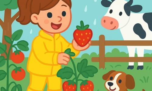A smiling farmer, Patty, wears a bright yellow jumpsuit and rubber boots, with her brown hair tied in a ponytail. She is cheerful and energetic, picking juicy red strawberries in her lush garden. Next to her, Moo-Moo, a gentle white cow with black spots, stands by the fence, grazing on fresh green grass. Patch, a small brown and white dog, wags his tail, sitting on the grass, watching Patty with sparkling happy eyes. The garden is lush, filled with red tomato plants, green beans, and yellow squash, under a gentle rain that makes the leaves shine. Water droplets fall from the tree branches, creating a peaceful and joyful atmosphere. The main scene shows Patty, happy and focused, harvesting fruits, surrounded by her animals, under a light rain that nourishes her plants.